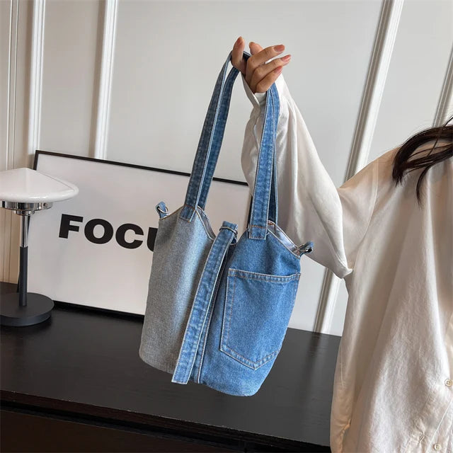Casual skuldertaske i denim med patchwork-design - Piper