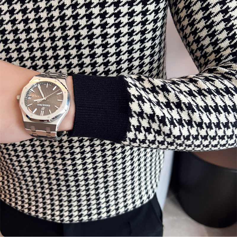 Theodore - houndstooth sweater med opretstående krave